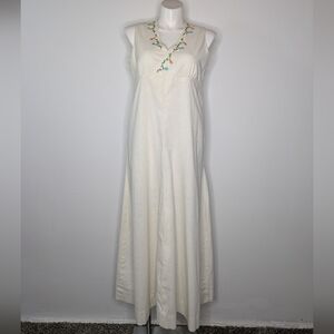 Vintage Off White Colorful Embroidered Floral V Neck Maxi Dress 14/16